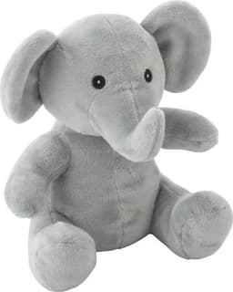 A plush grey elephant toy with black eyes and a soft, cuddly body. It has a simple design and a friendly expression.