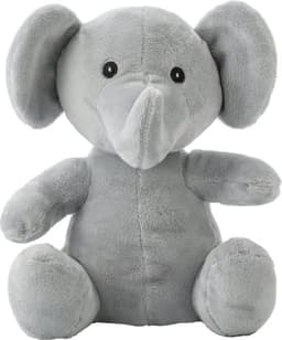 A grey plush elephant toy with a soft finish, featuring large ears and black eyes, sitting upright.
