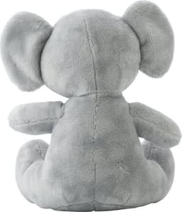 A plush grey elephant sitting back with large ears. The toy is soft and cuddly, perfect for play.
