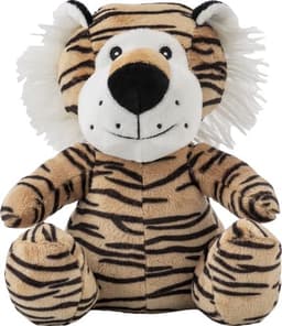 A plush toy tiger in browns and yellows with black stripes and a smiling face, featuring a fluffy mane.
