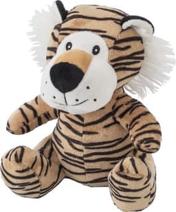 A plush tiger toy in brown and tan with black stripes and white detailing, featuring a friendly face.