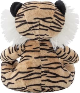 A plush tiger toy in tan and black stripes, featuring a white mane, sitting in a relaxed position.