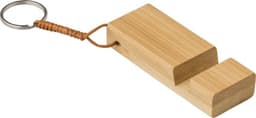 A bamboo key chain phone stand in a natural finish, featuring a ring and a braided leather attachment.