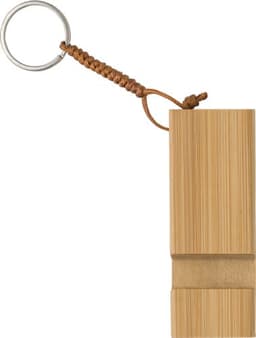 A bamboo key chain phone stand with a silver ring and a decorative leather cord.