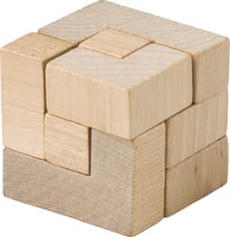 A wooden cube puzzle comprised of various shaped light-coloured wooden blocks arranged together. It has a simple design.