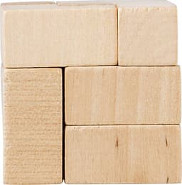A wooden cube puzzle featuring a natural wood finish with several interlocking pieces. The puzzle has a simple design and shape.