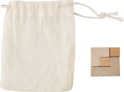 A wooden cube puzzle in natural tones beside a beige drawstring bag. The puzzle consists of various wooden pieces.