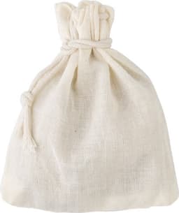 A beige drawstring bag made of a textured fabric, tied at the top with a thin rope.