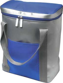 A cooler bag in blue and silver with a zippered top and a side pocket, featuring sturdy handles and a logo.