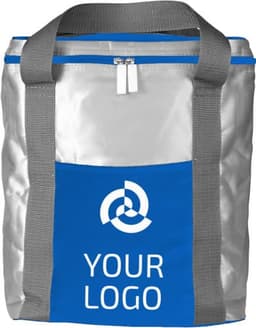 A polyester cooler bag in silver and blue with grey handles and a prominent logo area.