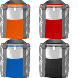 A cooler bag featuring a reflective silver exterior with orange, red, blue, and black accents. It has a logo on it.