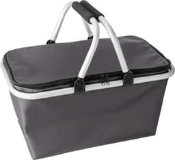 A grey polyester shopping basket with a zippered top and white handles, featuring a logo.