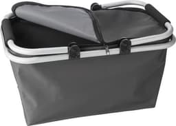 A grey polyester shopping basket with a silver frame, featuring a lid and handles.