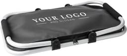 A folded polyester shopping basket in black with a white logo and silver frame.