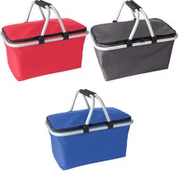 A set of three polyester shopping baskets in red, grey, and blue, featuring sturdy handles and a zippered closure.
