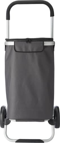A grey polyester cooler shopping trolley with a sturdy handle and two wheels. It features a zippered top and a logo.