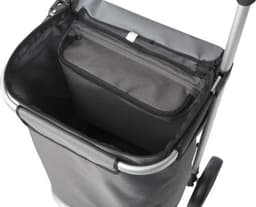 A grey polyester cooler shopping trolley featuring a spacious interior and a zippered compartment. Equipped with a sturdy frame.