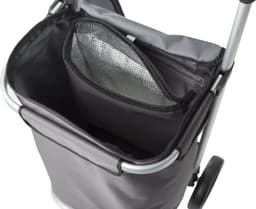 A grey polyester cooler shopping trolley with an insulated interior and a zippered compartment.
