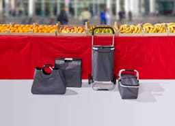 A collection of grey polyester coolers and shopping trolleys displayed in front of a fruit market stall.
