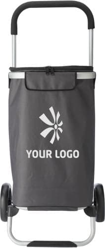 A grey polyester cooler shopping trolley with a zippered compartment and a handle, featuring a logo.