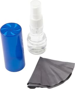 A blue cylindrical container with a spray bottle and a grey cleaning cloth. The spray bottle has a clear liquid inside.