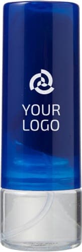 A blue spray bottle with a clear base, featuring a logo on the front. Ideal for cleaning screens.
