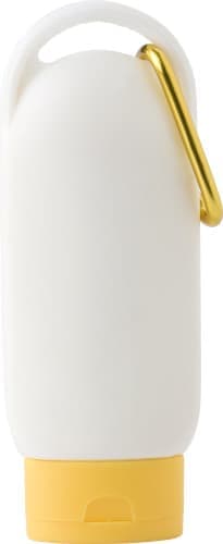 A white sunscreen lotion bottle with a yellow base and a gold carabiner clip. It features a logo on the front.