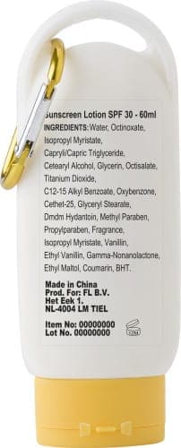 A sunscreen lotion bottle in yellow and white with a clasp, containing 60ml of SPF 30 lotion.
