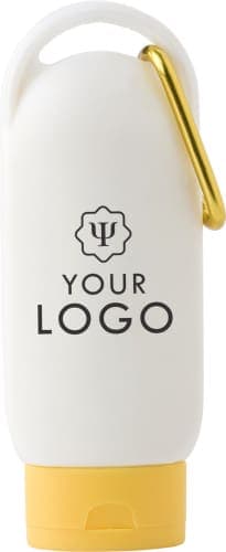 A white sunscreen lotion bottle with a yellow base and a carabiner attachment, featuring a logo design.