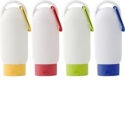 Four sunscreen lotion bottles in white with coloured bases: yellow, red, green, and blue, each featuring a hook.