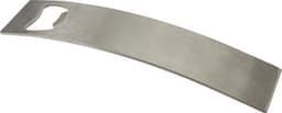 A stainless steel bottle opener with a sleek, curved design and a bottle cap removal notch. It features a logo.