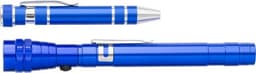 A blue aluminium 2-in-1 torch featuring a pen-like end and a flashlight head, with a clip for easy attachment.