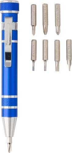 A blue multi-tool pen featuring a stylus and six interchangeable metal screwdriver bits. It has a clip and textured grip.