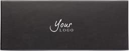 A black box featuring a logo, designed for packaging a product. The surface has a textured finish.