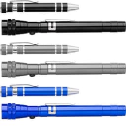A range of Aluminium 2-in-1 torches in black, grey, and blue, with a clip for easy carrying and a logo.