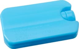 A blue HDPE ice pack with a curved edge and a small indentation, suitable for cooling purposes.