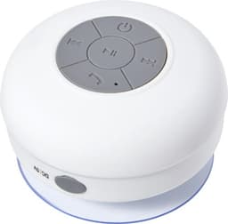 A white ABS speaker with control buttons and a suction base for easy attachment to surfaces.