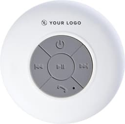 A circular ABS speaker in white with grey control buttons and a logo on top.