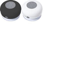 A pair of round ABS speakers in black and white, featuring control buttons on the top and a logo on the side.