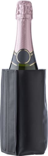 A drink bottle is nestled in a sleek black PVC wine cooler with a modern design and a subtle branded logo.