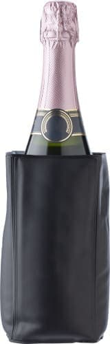 A drink bottle in a black PVC wine cooler, featuring a sleek design and a branding logo.