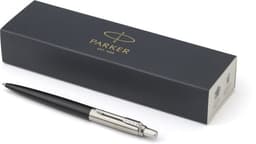 A black Parker Jotter Core ballpen next to a sleek, dark box featuring branding.