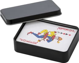 A black metal tin containing a deck of playing cards featuring a Joker card design.