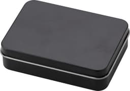 A black metal tin with a silver trim, containing a set of playing cards inside.
