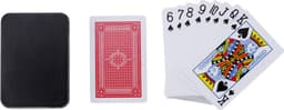 A black metal tin containing a set of playing cards, featuring a red card back and face cards in spade suit.