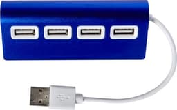 A blue aluminium USB hub featuring four USB ports and a white connecting cable. It includes a logo on the side.