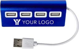 A blue aluminium USB hub featuring four USB ports and a white connector cable. It has a logo on one side.