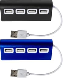 A black and a blue aluminium USB hub, each with four USB ports and a connecting cable.