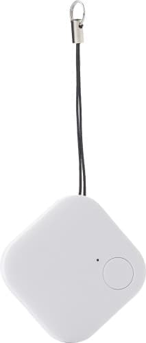 A white ABS tracker device with a loop for attachment. It has a circular button and a small indicator light.
