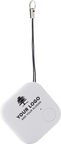 A white ABS tracker with a black logo and a loop for attachment, featuring a circular button.